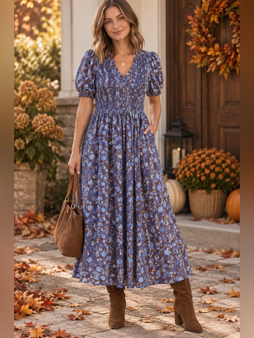 Sugarlips Bruceton Floral Brenty Smocked Midi Dress Brown Blue Size Medium NWT